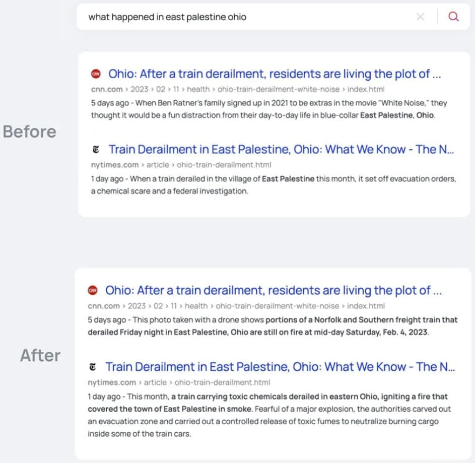 Ändern von Textausschnitten unter den Suchergebnissen