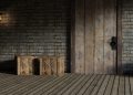 stone wall, wooden floor, wooden door