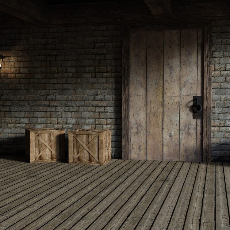 stone wall, wooden floor, wooden door